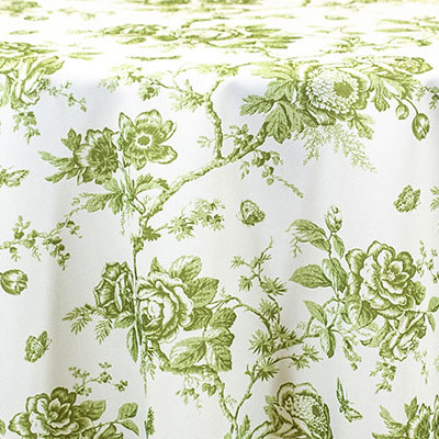Rental store for 132 inch round toile avocado floral linen in the San Jose metro area